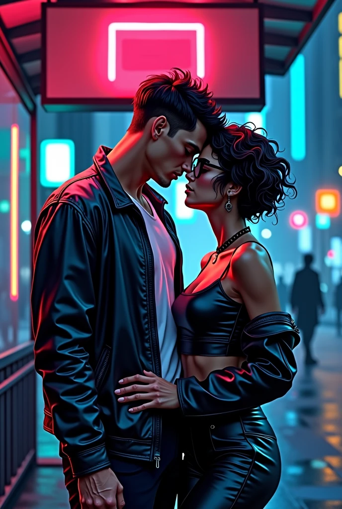 cartoon style more cyberpunk Man and woman in hot erotic scene, are at the bus stop, both dresses, man with a normal body without muscle definition, overweight woman, glasses and short curly hair, in half light, pop art, neo noir, comic