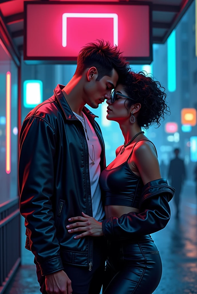 cartoon style more cyberpunk Man and woman in hot erotic scene, are at the bus stop, both dresses, man with a normal body without muscle definition, overweight woman, glasses and short curly hair, in half light, pop art, neo noir, comic