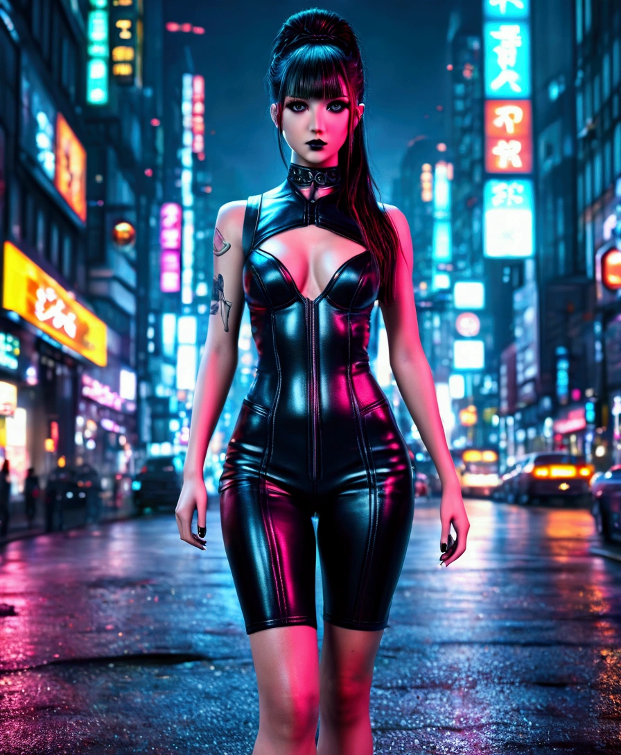Digital artwork anime girl in a black leather outfit walking down a city street, cyberpunk art by Shitao, pixiv, gothic art, badass anime 8 k, anime cyberpunk art, anime style 4 k, cyberpunk anime girl, gothic city streets behind her, female cyberpunk anime girl, cyberpunk anime art, anime art wallpaper 8 k, modern cyberpunk anime, digital, UHD, masterpiece, anatomically correct, super detail, best quality, textured skin, award winning, 4K