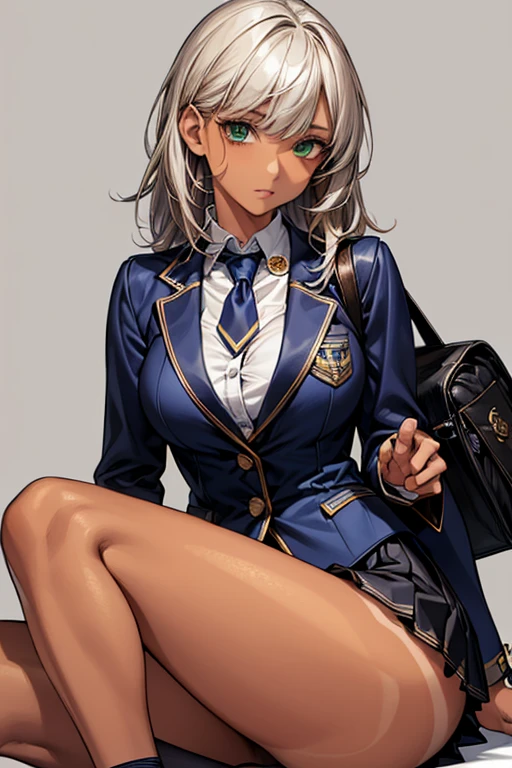 ((Highest quality)),(超High resolution),(Very detailed),(Detailed Description),((The best CG)),(masterpiece),Ultra-detailed art、(Highest quality、8k、32K、masterpiece)、(Realistic)、(Realistic:1.2)、(High resolution)、Very detailed、Very beautiful face and eyes、1 female、((:1.3))、Tight waist、Delicate body、Big Breasts、(Highest quality、Attention to detail、Rich skin detail)、(Highest quality、8k、Oil paints:1.2)、Very detailed、(Realistic、Realistic:1.37)、Bright colors、((Gray Hair、Messy medium length hair:1.3、Emerald green eyes、Big Breasts))、Black gal style woman、(Tan Skin:1.8)、Big eyes with crispness、Matte base makeup、Heavy eye makeup、white highlight、Thick eyeliner、False eyelashes、Colored Contact Lenses、Sexy and edgy、Flashy accessories、Outdoor Background、(custom school uniforms、Cleavage、Short white blouse:1.6、Gold Button、Navy blue pleated mini skirt with white trim:1.3、Knee-length、Navy blue ribbon tie、white ankle socks、Black leather loafers、Navy blue blazer with gold school emblem on breast pocket)、Matching navy blue school bag with gold trim