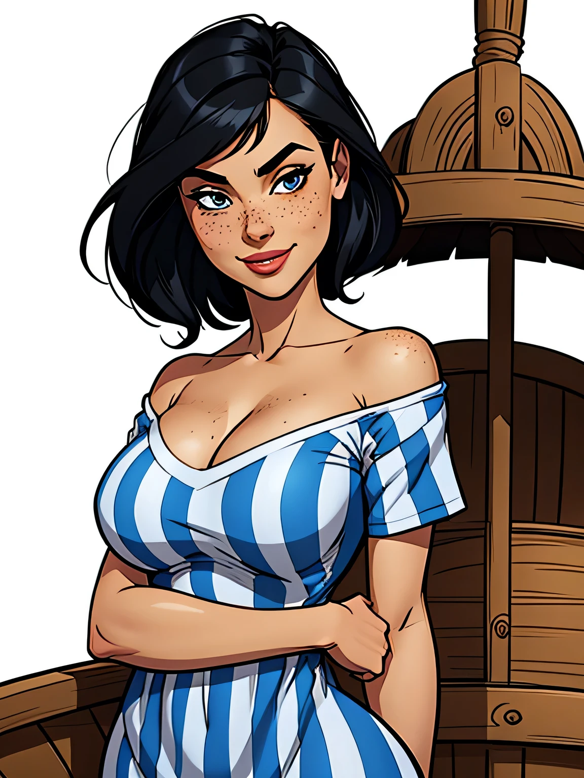 Thin woman, age 25, 4K (High definition), mysterious smile, seducing gaze, eyes browns, wearing a beige dress (blue stripes) with a boat neck and short sleeves, arms positioned at the side of the body, Caucasian skin, straight black hair down to shoulder length, standing (upper body), full of curves with freckles across her chest and neck, natural round breasts. Marvel style high quality, white background.