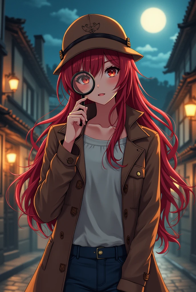 anime girl character, dressed in detective clothes, long red hair, relaxed pose, with a magnifying glass in hand, in the background a village, at night, Realistic and intricate details, warm colors,