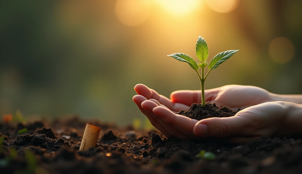 Create a hyper-realistic and mysterious image of a hand holding a small plant that is beginning to sprout from fertile soil, symbolizing the beginning of a growth process that requires patience and dedication. Next to the plant, a partially unrolled scroll shows a quote about the importance of persistence. The background should be softly blurred, with the golden light of dawn illuminating the plant and the hand, creating a dramatic focus on the symbolism of slow and steady growth that leads to true success.