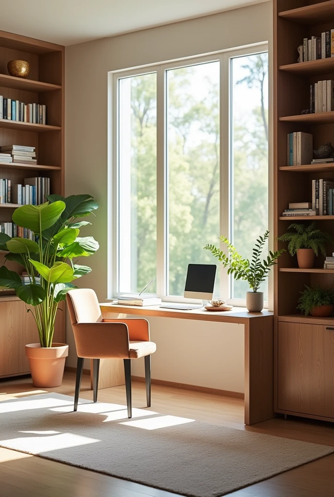 Wall with books, picture window, sunshine, modern design plant colors desk detached from the wall chair