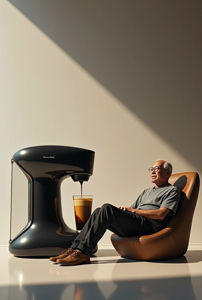 Realistic pictures in high resolution. An automatic-futuristic coffee maker, making special iced long black coffee and the result dripping in a very big artistic cup. Beside the artistic cup laying an Indonesian man on a long chair, 60 years old, bald, slim, in casual. The man ready to drink the coffee. Excited moment.
