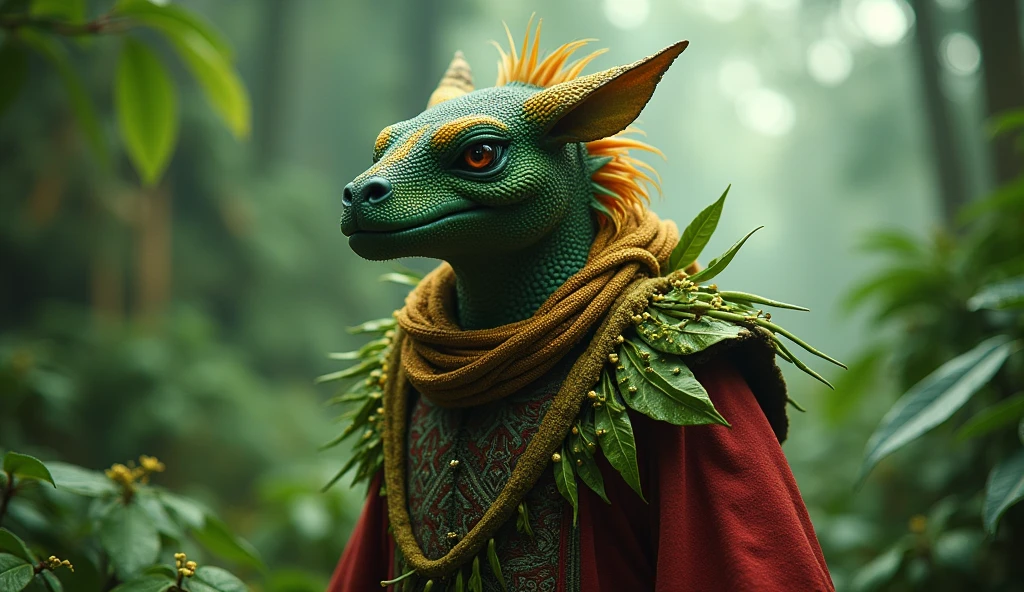Republic of the Congo as a jungle african League of Legend creature in green, yellow and red. Intricated clothing. Cinematic Fantasy sci-fi landscape background
