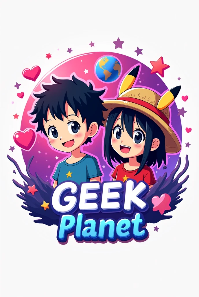logo con un 🌎 en la parte de hasta atrás combinado con estrella, heart and crescent moon in pink and purple colors, two anime figures the boy with wavy hair and the girl with straight black hair, T-shirts and Pikachu ears or with the straw hat (Luffy de one piece) and have the name geek planet in the middle (with vivid colors the whole image) with white background