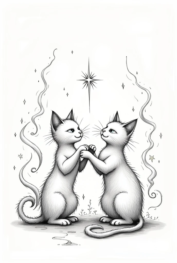 drawing cats playing , fancy, magical details, with MYSTIC lines, unusual, offwhite, uncolored, monochrome, wavey lines, realistic line art drawing, coloring book page , thick, crisp lines, sketch art, centred image,
