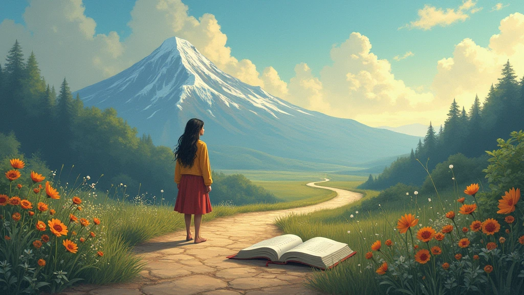 Create an image that represents the journey of self-knowledge. The scene should include a person on a winding path leading to a majestic mountain in the background.. On the way, there are several symbolic elements, like a mirror reflecting the person's image, flowers that represent growth and transformation, and open books that symbolize learning. The sky should be shades of blue and gold, suggesting a dawn, symbolizing new discoveries and possibilities. The person's expression should be one of contemplation and serenity., conveying the idea of introspection and inner discovery.