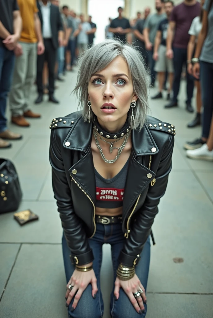 Caucasian milf woman, grey hair (very short hair) with very light blue eyes, extremely pale. Wearing cropped black moto jacket (with side zippers and pins), undersized cropped t-shirt with guns and roses logo , dark skinny stone washed blue jeans (with white seams) and pointy silver Chelsea boots with cuban heels . Lots of metallic bracelets and collars. Tacky wide studded leather belt (with oversized skull and bones huge buckle). Long bohemian earrings. Kneeling like in a payer, looking at the camera, humble facial expression. Hands on her knees, showing off bracelets and rings. studded black leather tote bag with chains on the floor, next to her.. Listening in amazement to somebody speaking to her with tilted head, well toned abdominals, thin neck, slim legs and thin arms. Tattoed heavily. In a church: a lot of people around outraged. next to her, all her belongings on the floor.