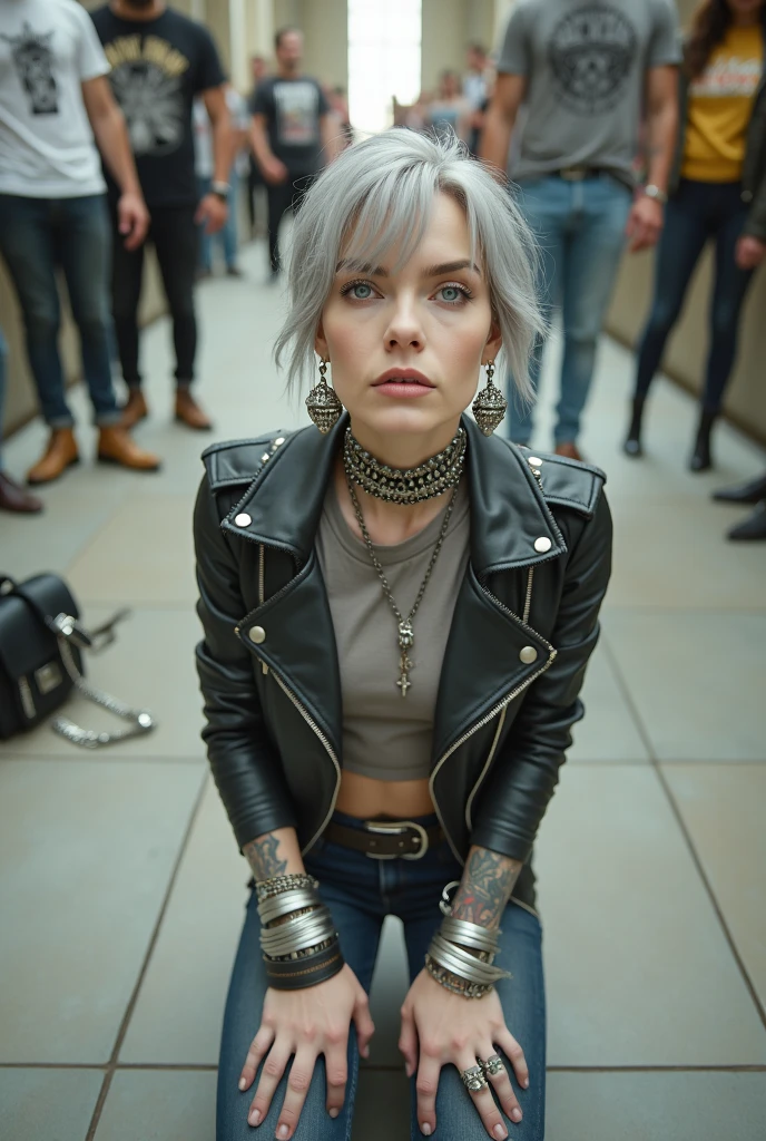 Caucasian milf woman, grey hair (very short hair) with very light blue eyes, extremely pale. Wearing  cropped black moto jacket (with side zippers and pins), undersized cropped t-shirt with guns and roses logo , dark skinny stone washed blue jeans (with white seams) and pointy silver Chelsea boots with cuban heels . Lots of metallic bracelets and collars. Tacky wide studded leather belt (with oversized skull and bones huge buckle). Long bohemian earrings. Kneeling like in a payer, looking at the camera, humble facial expression. Hands on her knees, showing off bracelets and rings. studded black leather tote bag with chains on the floor, next to her..  Listening in amazement to somebody speaking to her with tilted head, well toned abdominals, thin neck, slim legs and thin arms. Tattoed heavily.  In a church: a lot of people around outraged. next to her, all her belongings on the floor. 