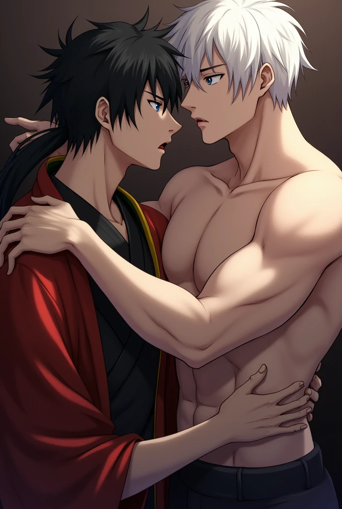 Serious 21 year old man long black spiky hair wearing a black uniform and a kimono on the left side is red and on the right is yellow and green deep blue eyes sucking the penis of a 21 year old man white hair tall muscular and with personality stressed shirtless 