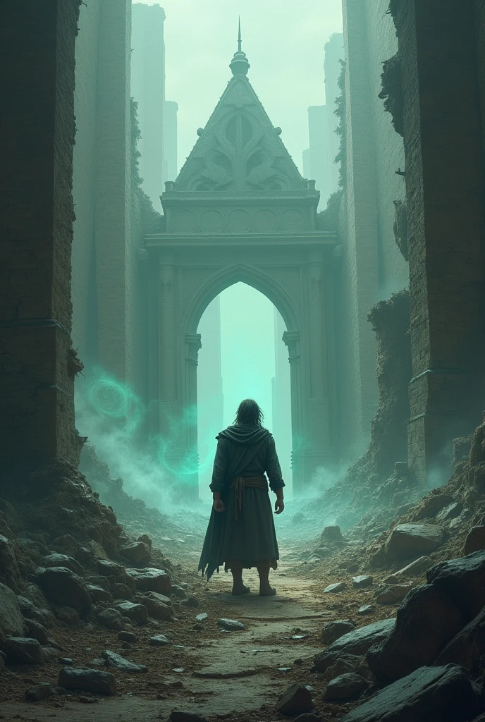 A cover featuring a person in the middle of a ruined fantasy world.