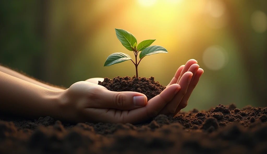 Create a hyper-realistic and mysterious image of a hand holding a small plant that is beginning to sprout from fertile soil, symbolizing the beginning of a growth process that requires patience and dedication. Next to the plant, a partially unrolled scroll shows a quote about the importance of persistence. The background should be softly blurred, with the golden light of dawn illuminating the plant and the hand, creating a dramatic focus on the symbolism of slow and steady growth that leads to true success.
