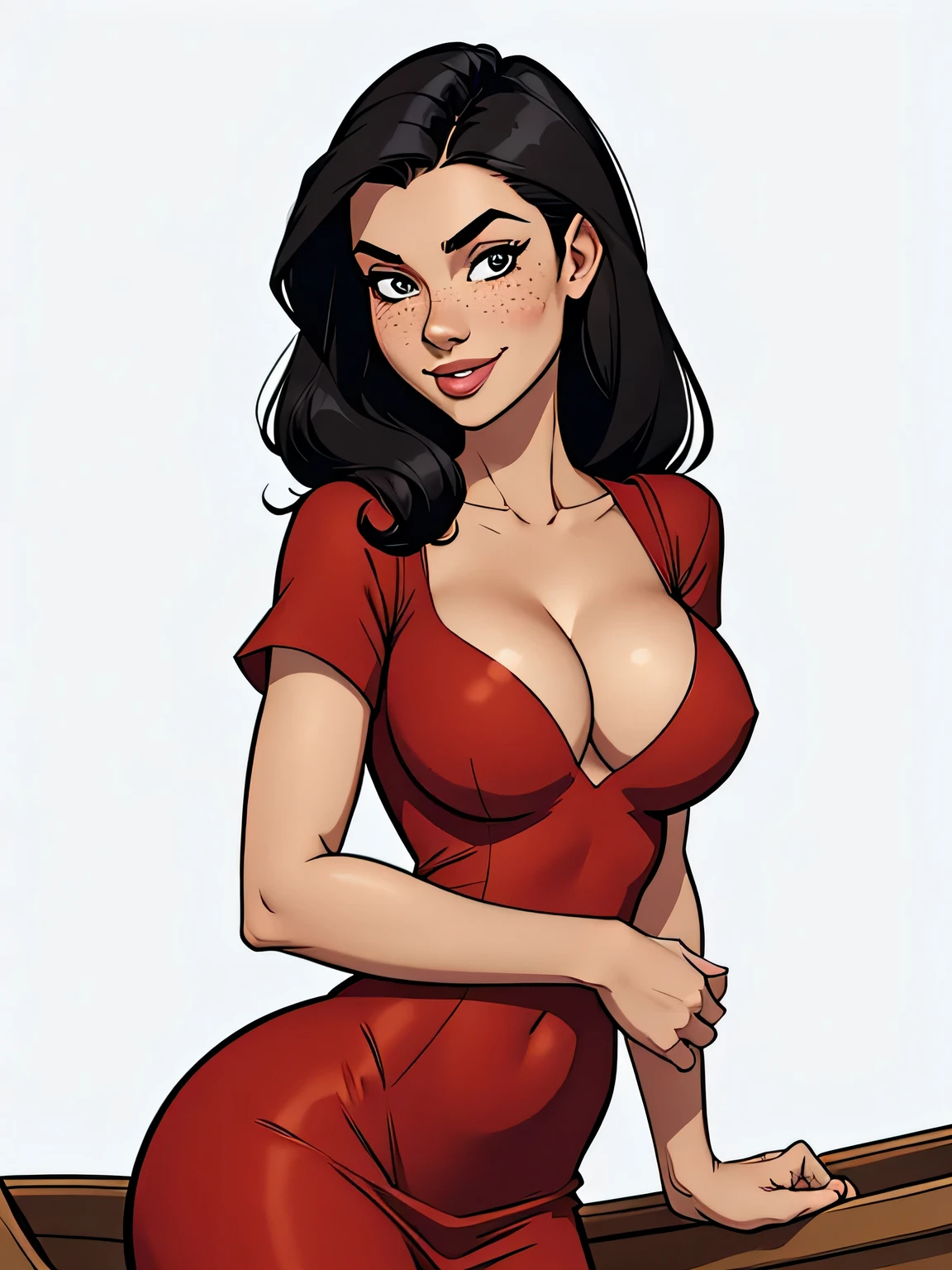 Thin woman, age 25, 4K (High definition), mysterious smile, seducing gaze, eyes browns, wearing a red dress with a boat neckline and short sleeves, arms positioned at the side of the body, Caucasian skin, straight black hair down to shoulder length, standing (upper body), full of curves with freckles across her chest and neck, natural round breasts. Marvel style high quality, white background.