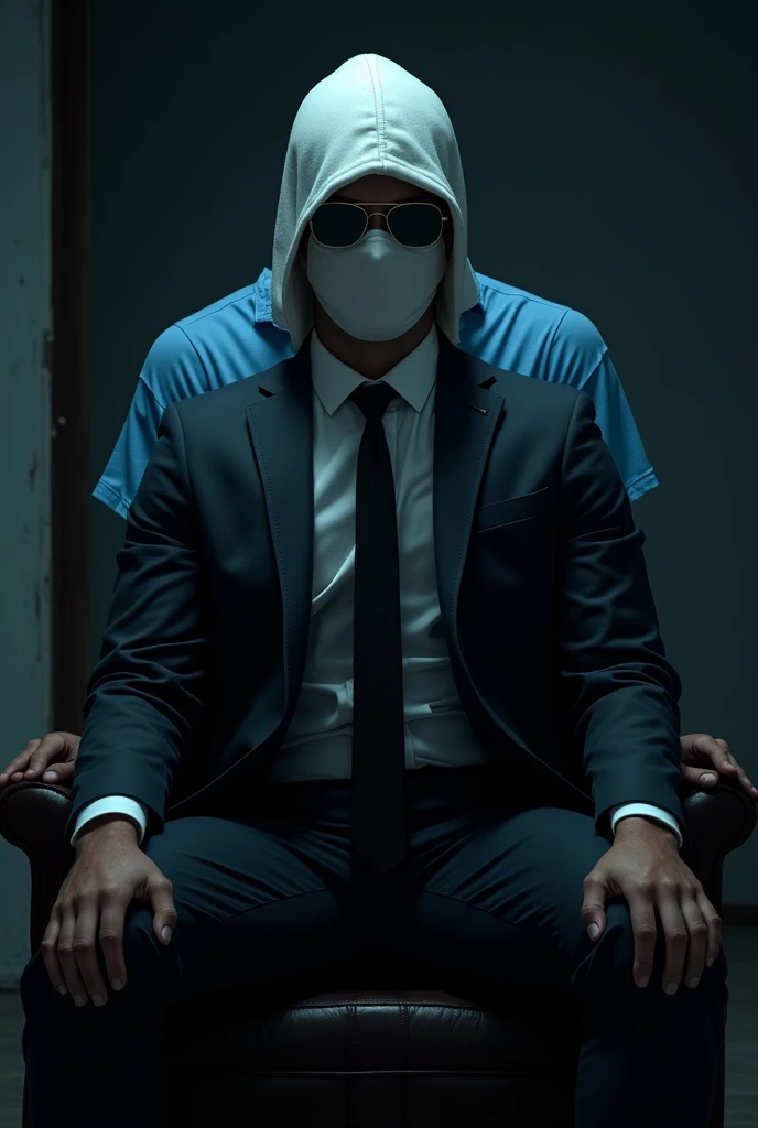 Sur le plan nous avons deux hommes le font et de nuit en premier plan un homme assis porte un costard avec une cravate noire possède un tissu blanc recouvrant l'entièreté de son visage qui c'est qui va vers l'arrière de sa tête dos à lui également assis se trouve une autre personne pourtant une chemise bleue cagoulé d'une cagoule blanche il possède des lunettes superposées sur la cagoule et un bob blanc un chapeau Bob blanc