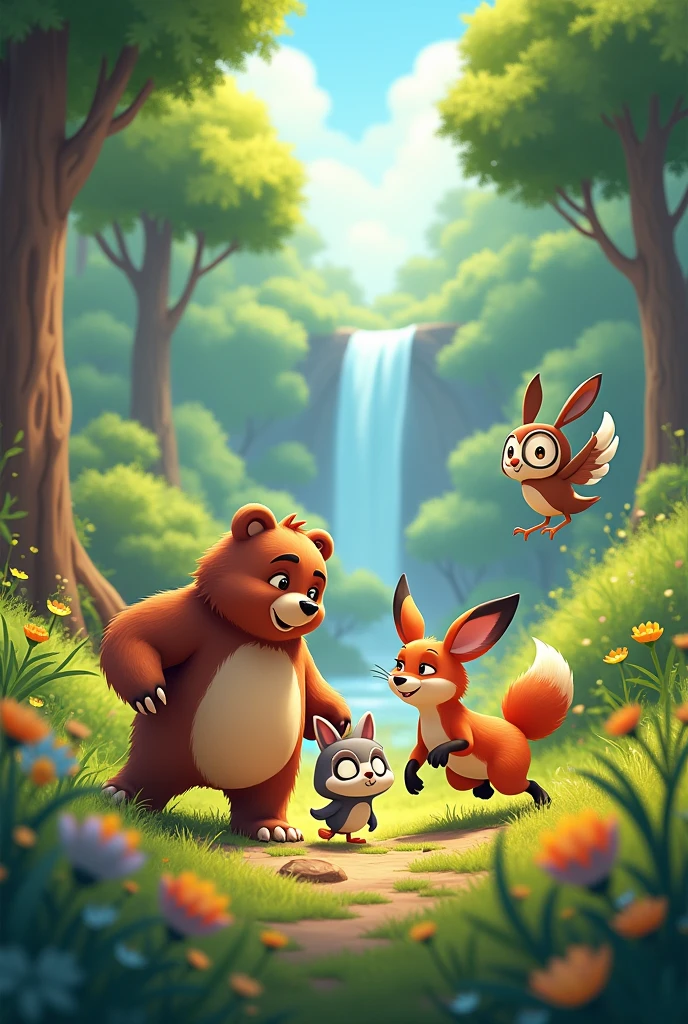 Create a colorful forest scene with various friendly animals such as a bear, fox, rabbit and owl, all with cheerful expressions.
The animals may be interacting in a fun activity such as exploring a trail, picking berries, or playing near a river.
The image should convey the idea of friendship and adventure.
Use green, brown and blue tones for the forest, combined with bright colors for the animals.