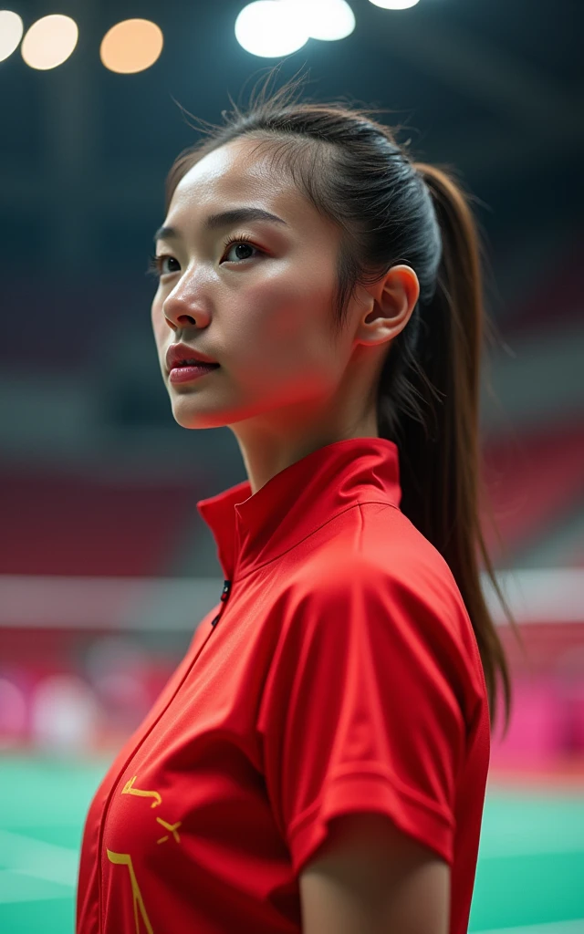 Chinese women's badminton,Red outfit,Beautiful facial features,White skin,full-body shot,Panoramic vistas,Wide-angle lens,Intense stimulation,Olympic Games Finals Background