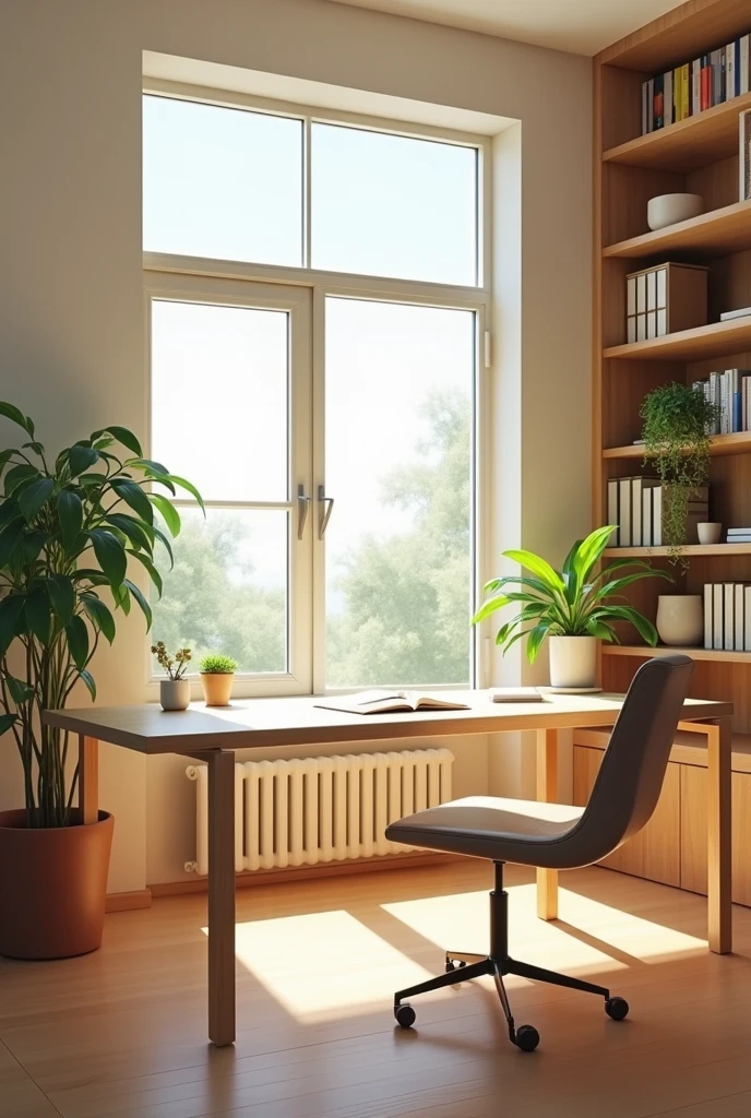 Wall with books, picture window, sunshine, modern design plant colors desk detached from the wall chair notebook pen