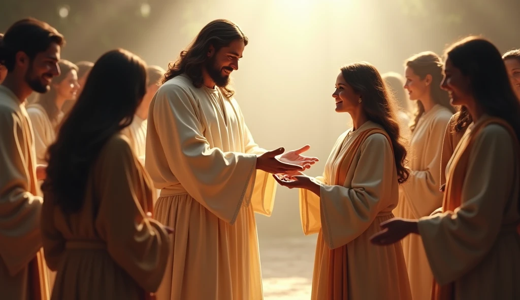 make an image of Jesus Christ according to the Catholics of Brazil, he is extending his hand towards a woman as if he were blessing her, ultra realistic image with zoom approaching in 16:9