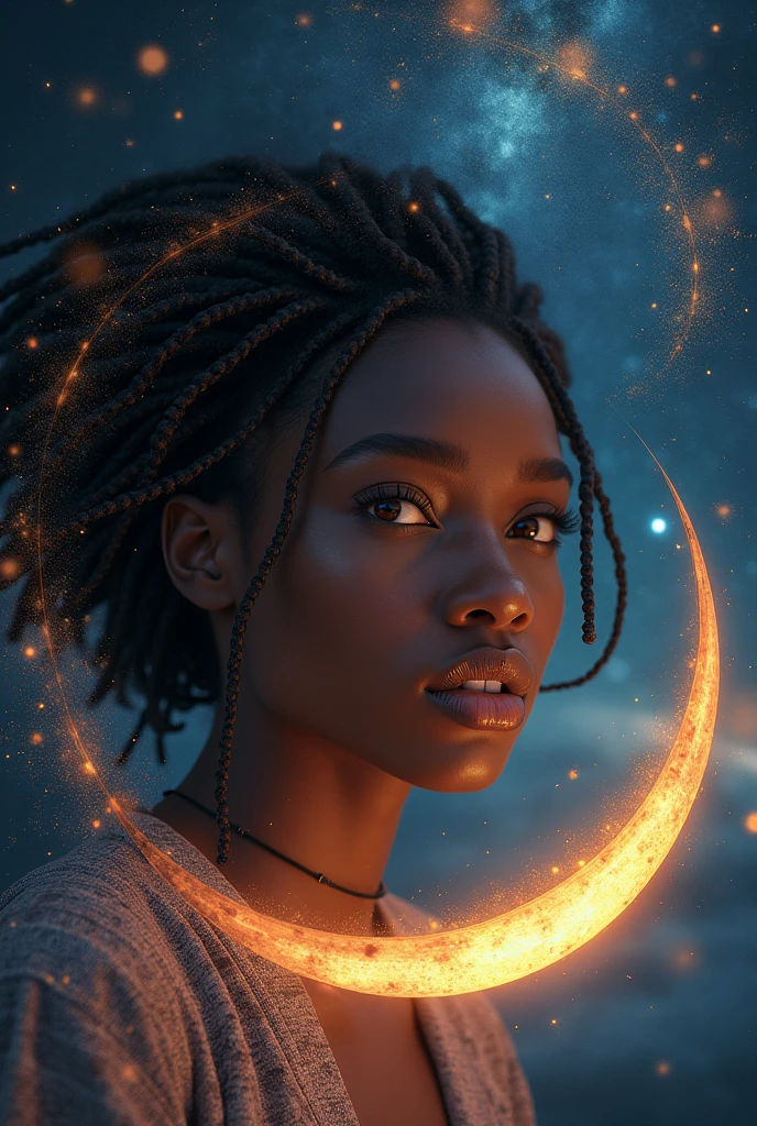 Create a mesmerizing and surreal scene that centers around a powerful black woman with intricate braided hair, her eyes shining with determination and wisdom. She is surrounded by a celestial crescent moon that twinkles with otherworldly energy, casting a soft, ethereal glow on her serene face. The backdrop should consist of swirling galaxies and constellations weaving through the night sky, symbolizing her connection to the cosmos and the mysteries of the universe. In the foreground, vibrant te