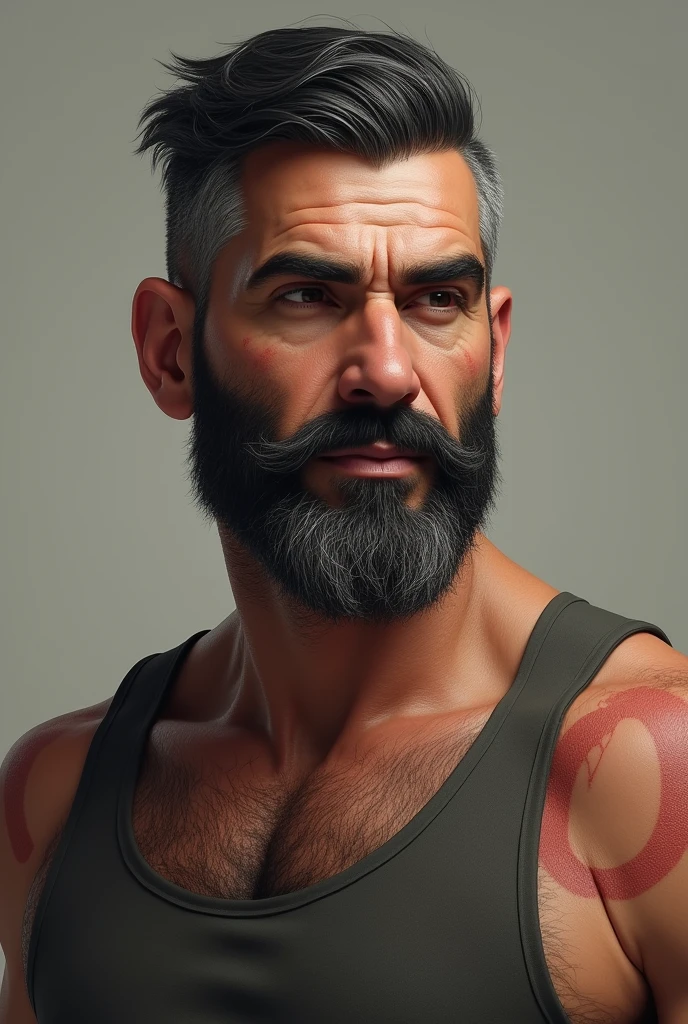 Oliver was a man in his early 40s., his appearance was good for his age, His short beard was well-groomed and his hair was black but with some white streaks due to age and some gray hairs appeared in his beard., he was tall and muscular despite having some scars on his body