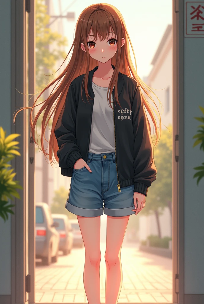 A girl, alone, Brown hair, very long hair, straight, loose, must be thin, light skinned, Brown eyes, bright, His outfit was a black jacket with baggy denim shorts and converse., Long hair, blush, pretty eyes, pink lips, 2d, anime style, HD, looking straight ahead, hair moved by the wind, illuminated