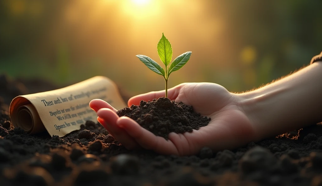 Create a hyper-realistic and mysterious image of a hand holding a small plant that is beginning to sprout from fertile soil, symbolizing the beginning of a growth process that requires patience and dedication. Next to the plant, a partially unrolled scroll shows a quote about the importance of persistence. The background should be softly blurred, with the golden light of dawn illuminating the plant and the hand, creating a dramatic focus on the symbolism of slow and steady growth that leads to true success.