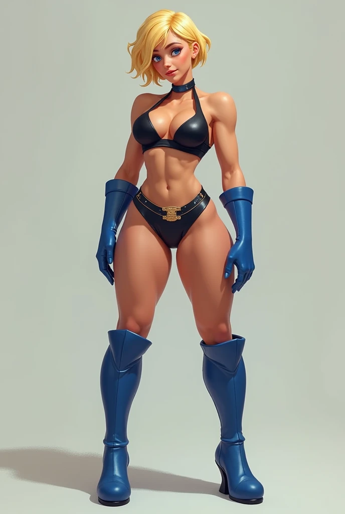 FULL BODY. A TEEN BUSTY FEMALE WITH SHORT BLONDE HAIR, BLUE EYES, WEARING A SEXY BLACK BRA AND BLUE POWERGIRL BOOTS.