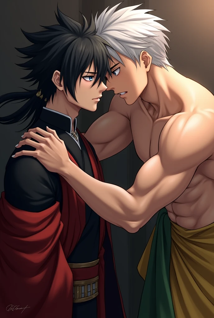Serious 21 year old man long black spiky hair wearing a black uniform and a kimono on the left side is red and on the right is yellow and green deep blue eyes sucking the penis of a 21 year old man white hair tall muscular and with personality stressed shirtless
