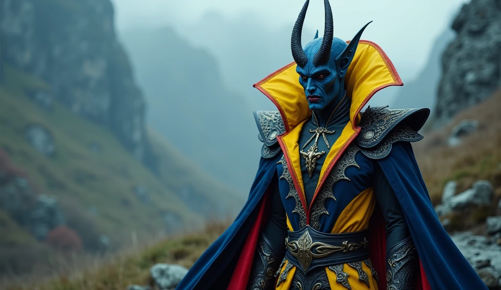 Romania as a european vampire lord League of Legend creature in navy blue, yellow and carmine colors. Intricated clothing. Cinematic Fantasy sci-fi landscape background