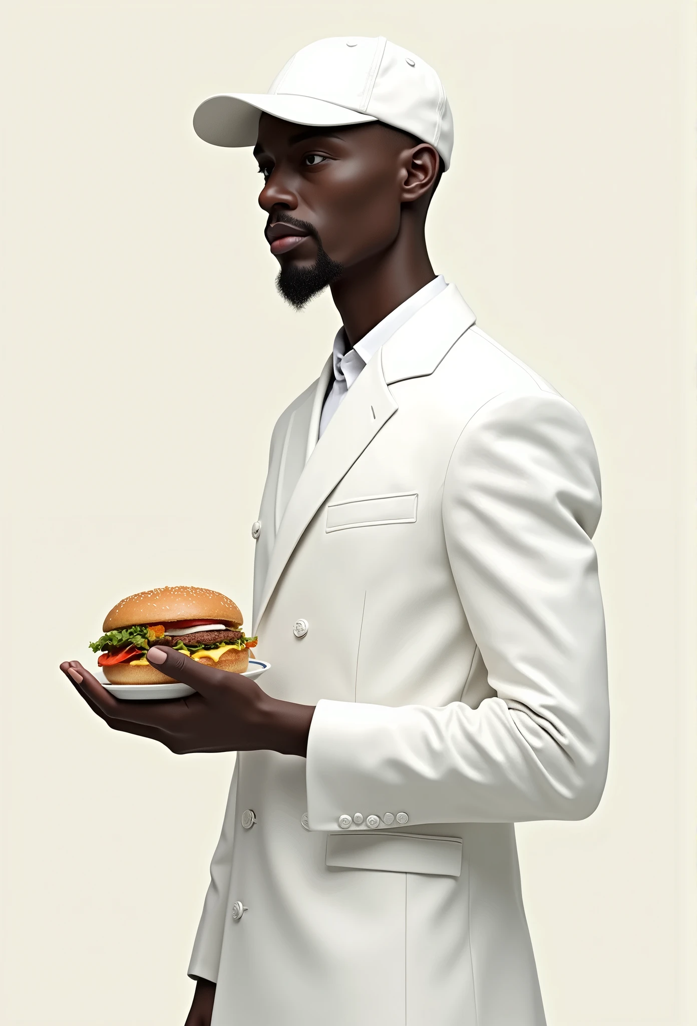 Tall, thin, black-skinned man with a goatee, with white clothes, with a white cap and a sandwich in his hand, no pissing style