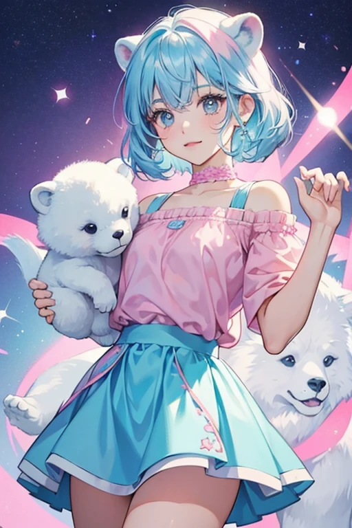 Pawbry with a white polar bear with light blue hair. 
She wears a dark pink top and light blue skirt with a pink and white design. SPARKLE; GLITTER