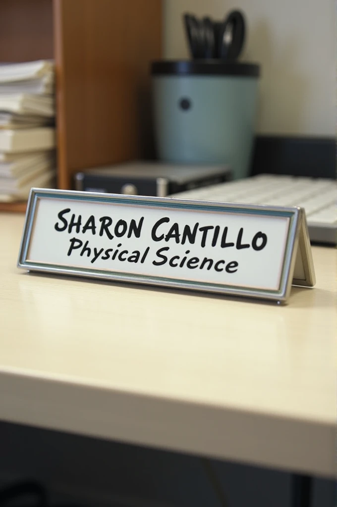 Create me a modern looking desk nameplate that says the following: Wear. Sharon Cantillo, Physical Science.