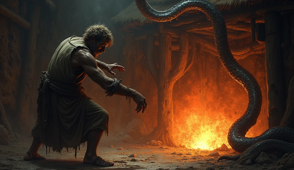 a peasant man in his hut being dragged by shadowy and sinister tentacles towards a fiery pit in the ground, resembling hell. scary and horror scene.