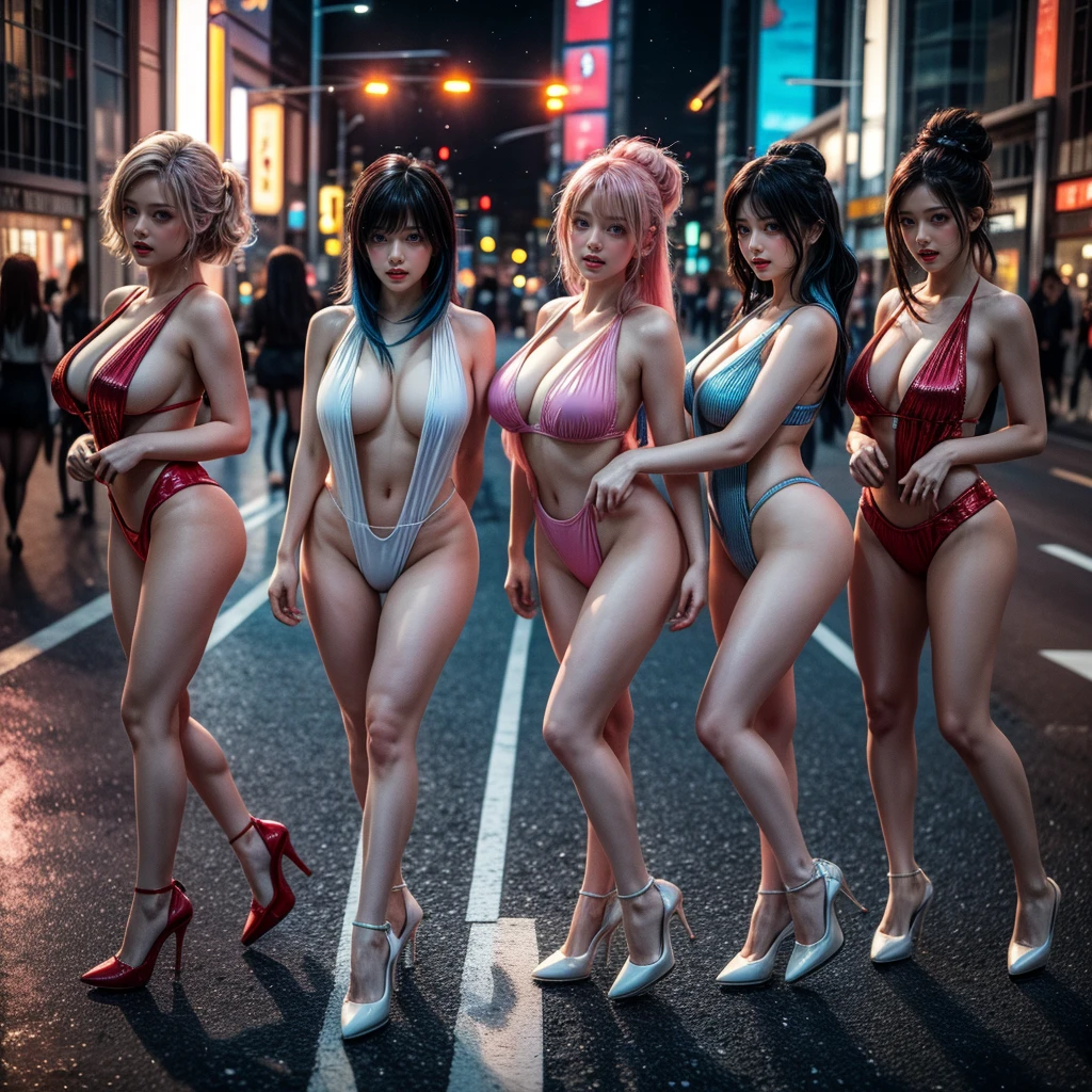 (Full Body of Extremely Detailed((12 Sexy Ladies Group in a row:1.37))), KAWAII perfect face, Reflective Eyes, Detailed(Delicate Clothing textures), Correct graceful legs, Dynamic Joyful Expressions LifeLike Rendering, Specular Reflection, TopQuality 8K Ultra-detailed masterpiece (ProfessionalPhoto:1.37), (Acutance:0.8), (Luminism:1.28), ((Shibuya Scramble Crossing)), (Colorful Light particles), ((Full body from side)) {MicroMini Skirt|Kissing Face to Face|Thigh Gap|Cute Peach AssFocus|SideBoob}, Radiant Fine Skin with Transparency, {Pink Hair|LightBlue Hair|Pure White Hair|Blonde|Liquid Hair|Red HighHeels}, Perfect Lighting, {Huge screen Showing them|Dynamic Angle}