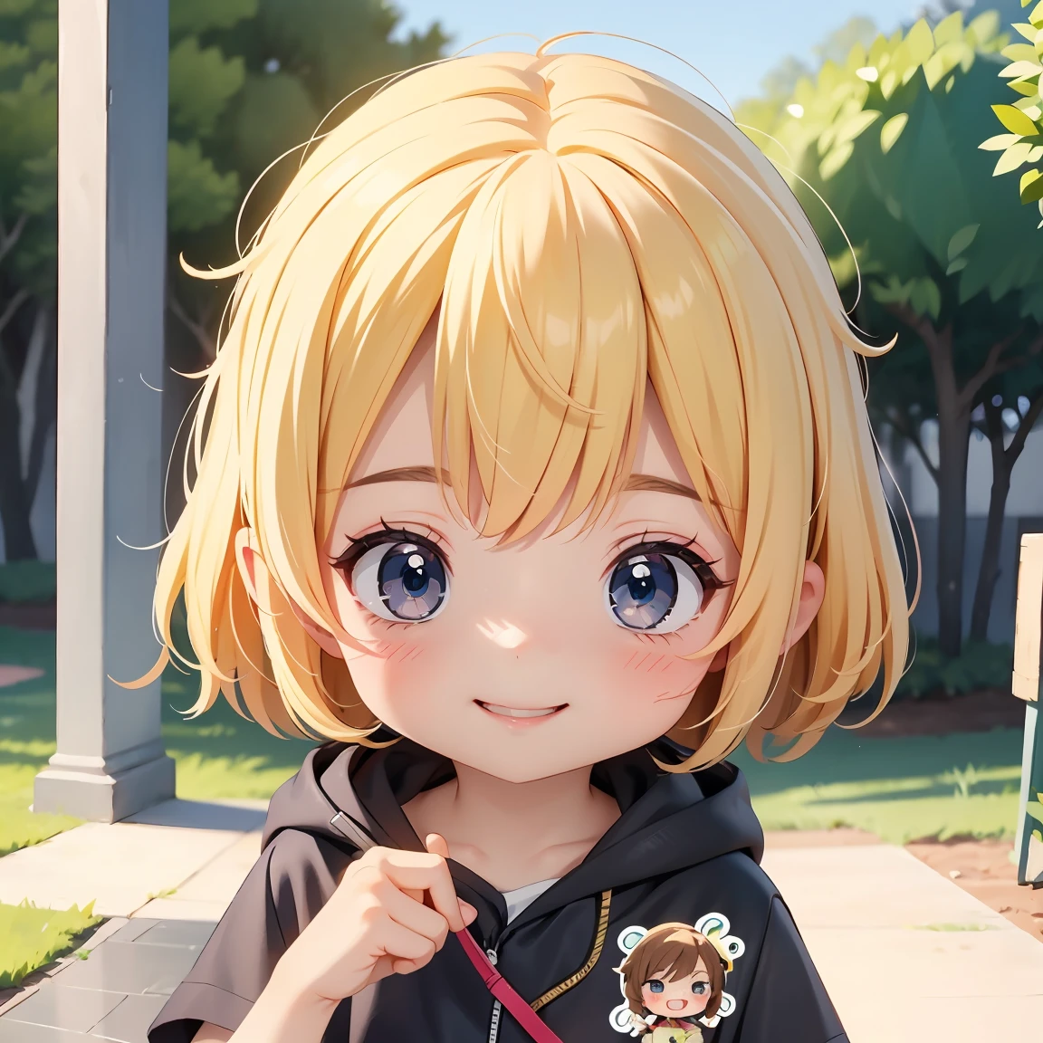 Super Chibi Character:1.8、Blonde Hair、Cute 7 year old girl、Cute Costumes、Super Chibi Character:1.8、Super Smile、smile、Have food