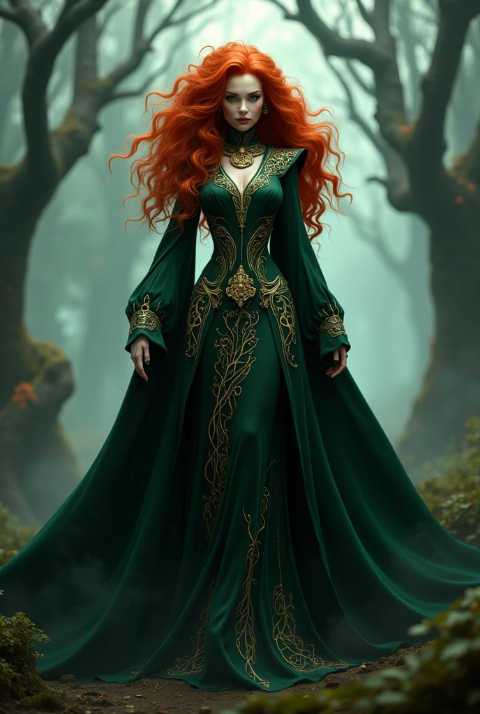 Disney villain inspired by Merida and Maleficent with reddish hair and dark green clothing with full-body gold details 