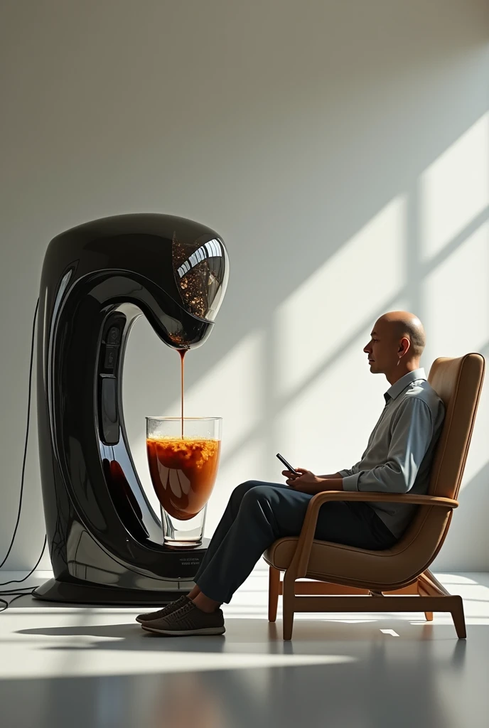 Realistic pictures in high resolution. An automatic-futuristic coffee maker, making special iced long black coffee and the result dripping in a very big artistic cup. Beside the artistic cup laying an Indonesian man on a long chair, 60 years old, bald, slim, in casual. The man ready to drink the coffee. Excited moment.