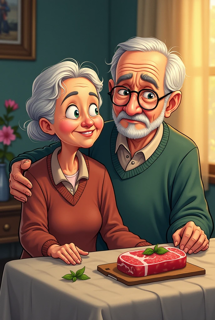 PRODUCE A COMIC BOOK WITH THIS FOLLOWING STORY, IN PORTUGUESE AND STARTING IN A ROOM, elderly characters, differentiate man from woman CHAPTER 1
[Scene - grandparents&#39; room]
First scene Grandmother wakes up scared talking about her dream with her husband.
with an angry and confused expression)
Meanwhile outside... A money changer passes by shouting and selling a strip of beef.
Grandpa runs to buy the whole strip.
Days later...
Grandfather and grandmother hug in celebration.


