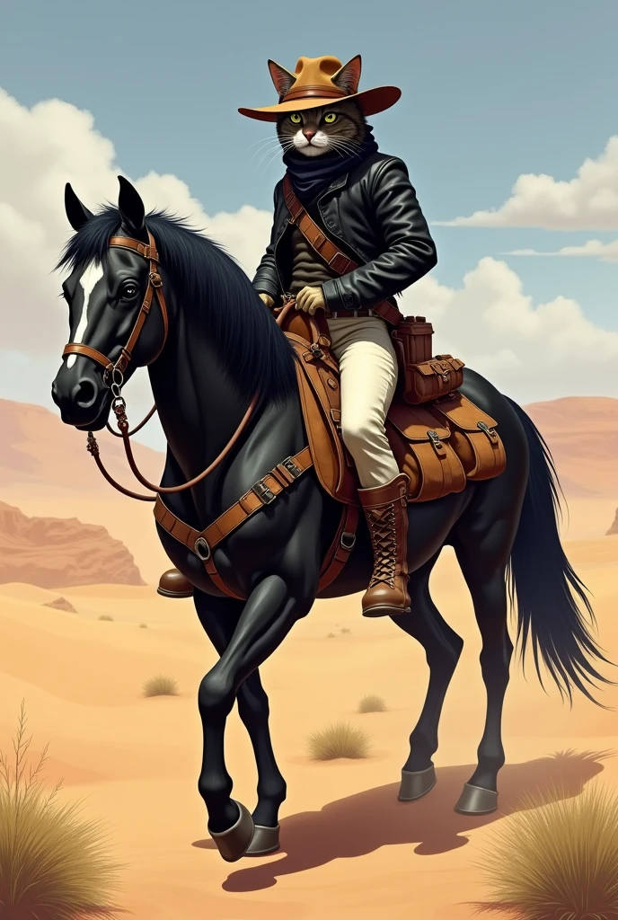 A human body cat as desert theives wearing a black jacket and a brown hat with white pant and a gun, riding on a horse in desert, horse description black in colour with bags on booth side