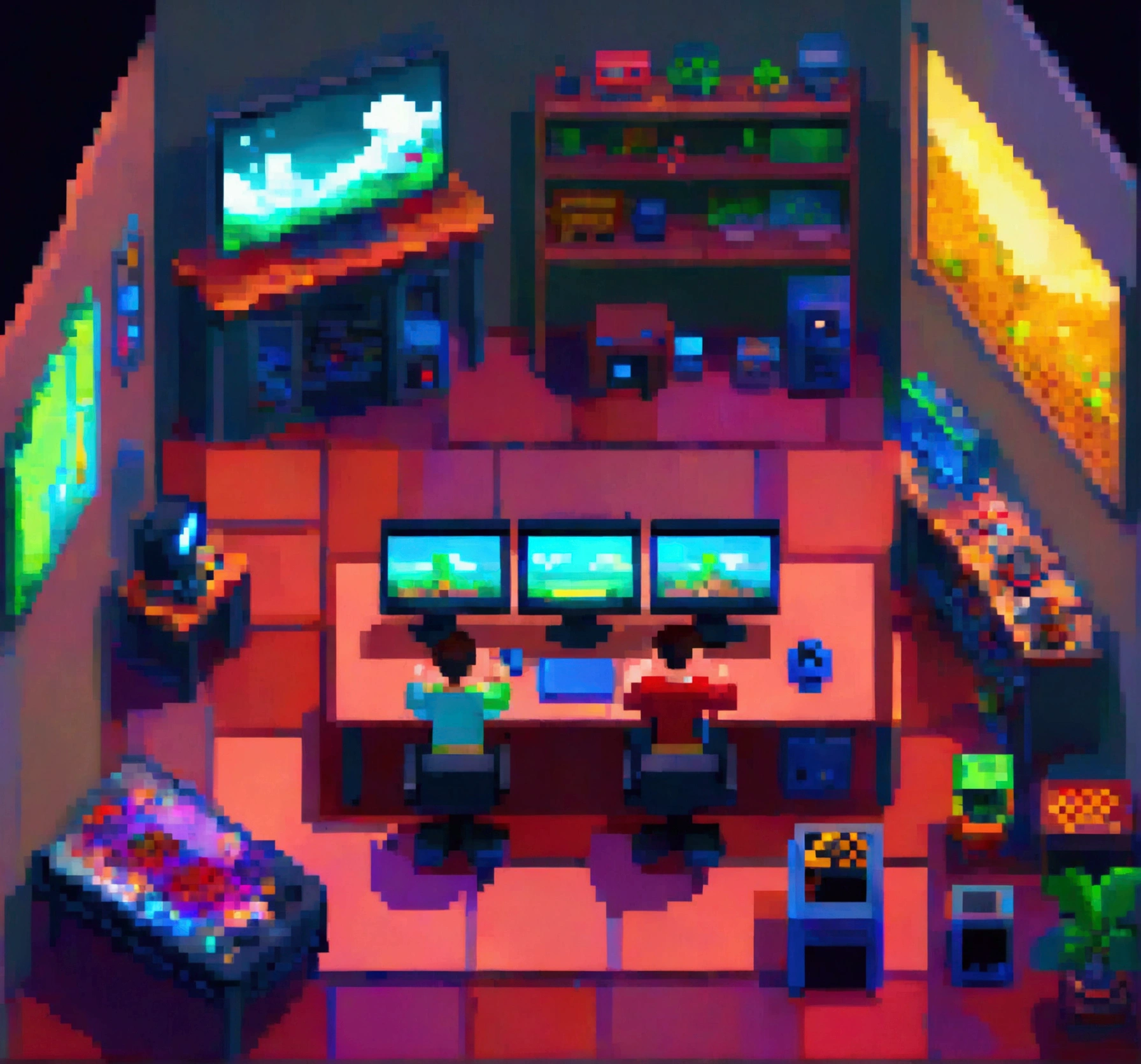 dark pixel art style gamer room,in first person with hands on the table, good details, view from above,