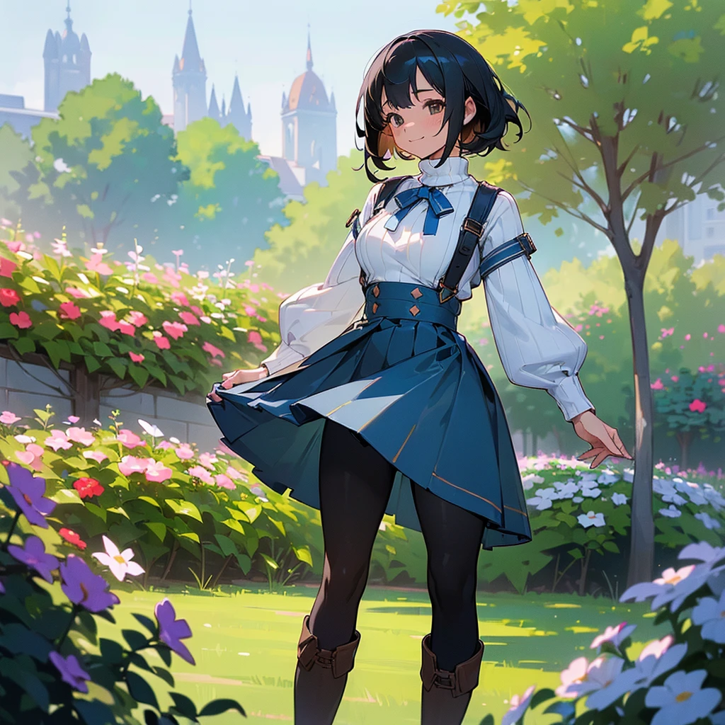 (high quality, High resolution, Very detailed, reality:1.37), Peaceful atmosphere, (Outdoor, garden), Teenage girl standing alone, (my breasts are big.), Beautiful details, Cute Smile, (Black bob hair), Ribbed sweater, Blue Skirt, Black tights, Brown boots.