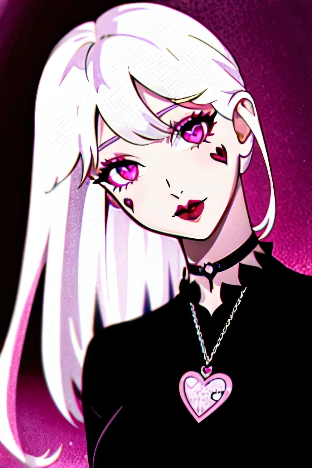 (best quality), ultra res, highly detailed, turned at viewer, anime style, (face shoot), medium length hair, white hair with lilac at the ends, black gothic dress, goth dress, (looking at viewer), heart symbol on her right side of face, dark makeup, wearing a necklace with a big pink heart pendant, straight hair.