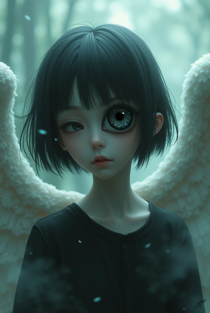 dreamcore girl with one eye giant on his face, short black hair, angel without the second eye