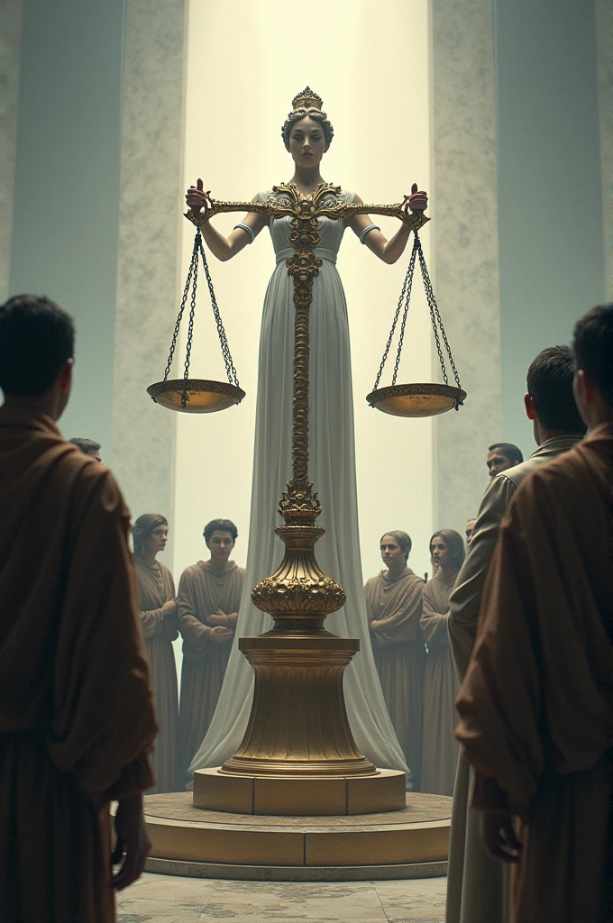 A scale of justice surrounded by people, symbolizing sacred rights.