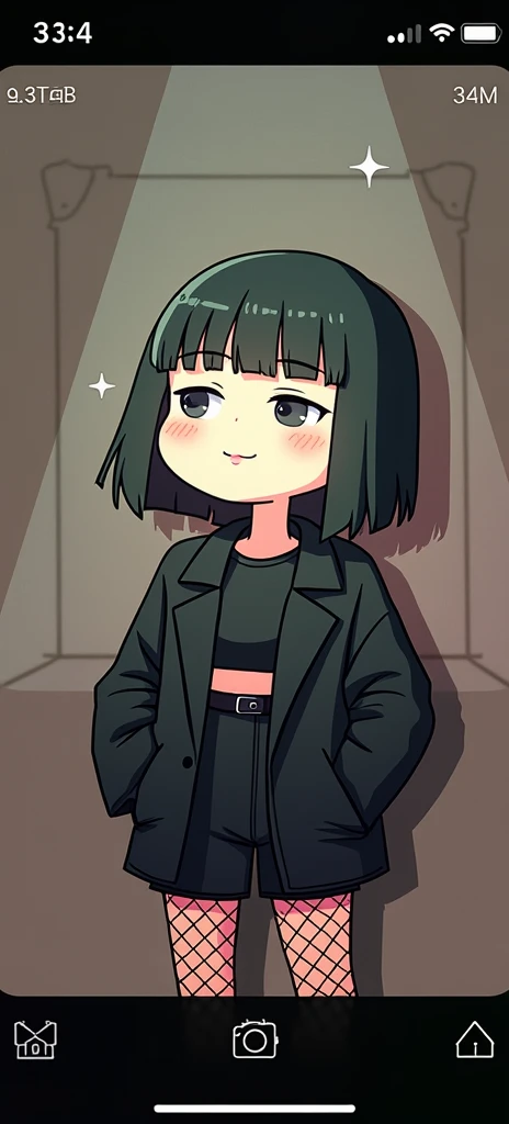make a cute and minimalist cartoon illustration, of one with short black hair, short bangs, ela usa cropped preto, black apple watch on the arm, wears black coat, wears black shorts and fishnet stockings, make it cute