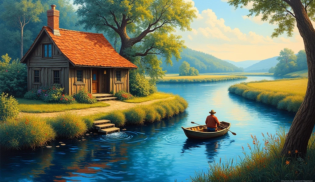 an oil painting of A life by the riverbank ,rustic cottage , boat ,the farmer fishing on the boat . colourful dark blue ,Sunlight vibes and endless creativity , thick brush strokes , palette knife by robert hagan vibrant color