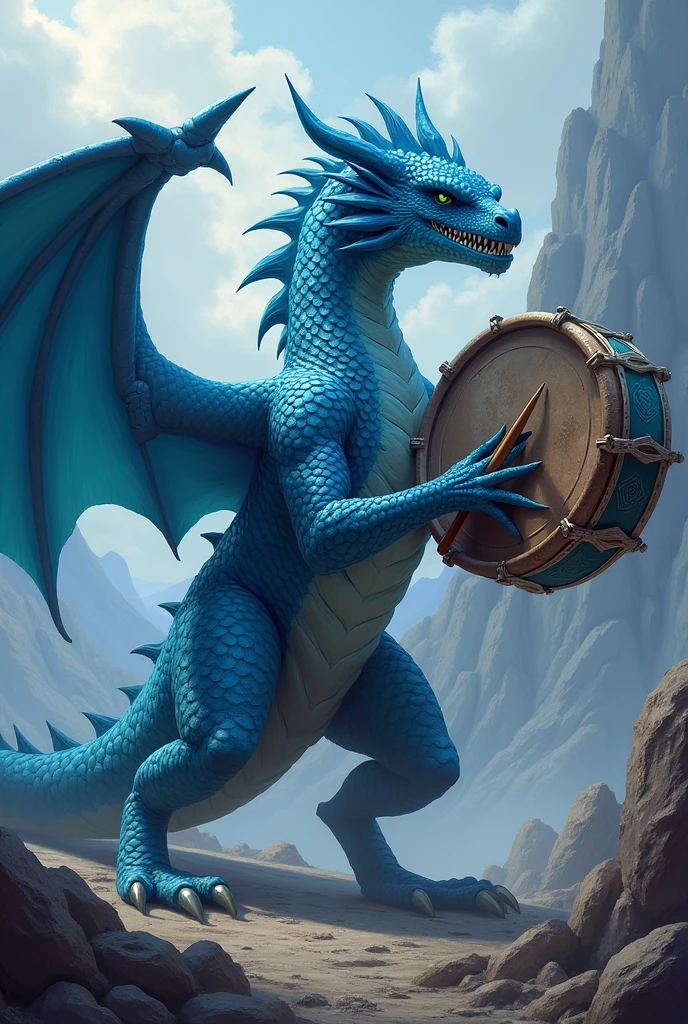 blue dragon with a snare drum 
