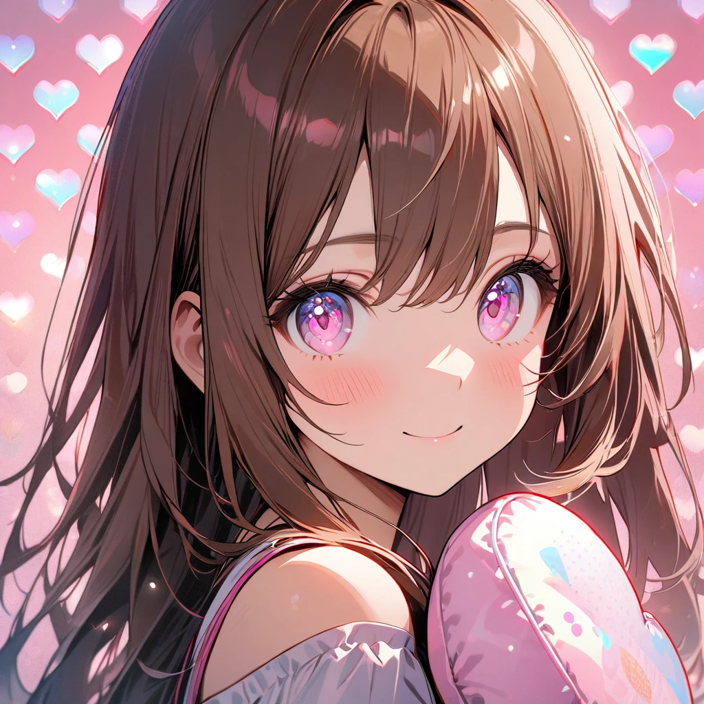 1 girl,solo,Upper body,ultra-detailed face,detailed eyes,pink eyes,Captivating Eye Reflections,Meticulous Eyelash Details,long hair,straight hair,Glossy brown hair,off shoulder,holding a heart-shaped cushionfrom side,smile,(pink fluttering-heart background),highly detailed illustration,masterpiece,8K,top quality